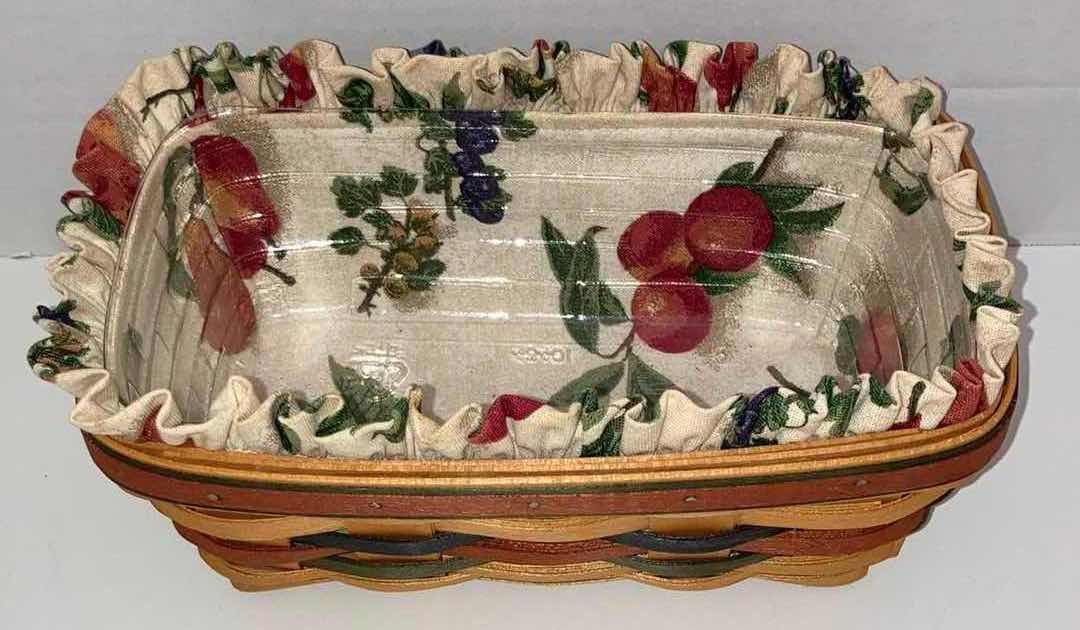 Photo 1 of LONGABERGER 1998 BAKER’S BOUNTY MAPLE WOOD BASKET W FRUIT FABRIC LINER & BASKET PROTECTOR 10” X 6.25” H3.75”