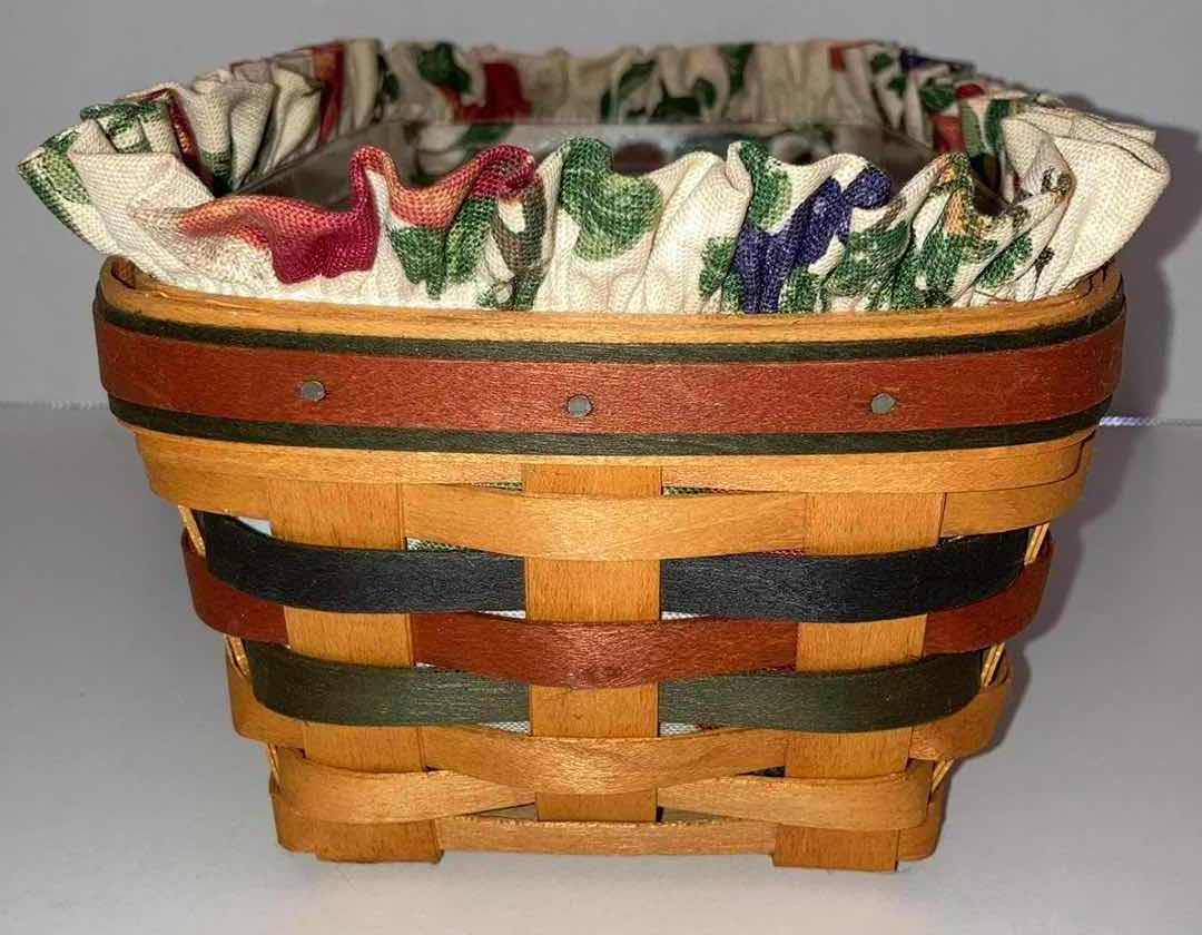 Photo 1 of LONGABERGER 1998 BAKER’S BOUNTY MAPLE WOOD BASKET W FRUIT FABRIC LINER & BASKET PROTECTOR 10” X 6.25” H3.75”