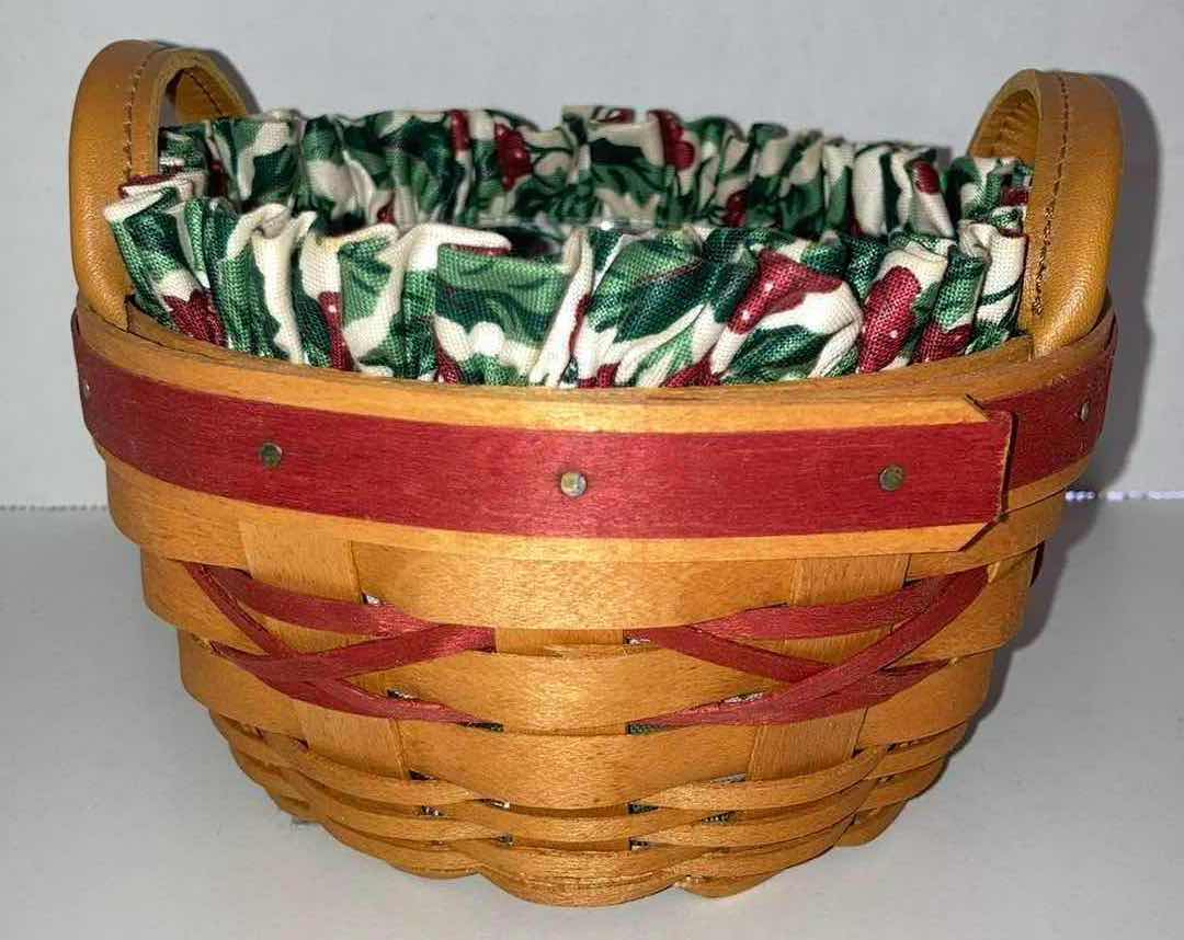 Photo 1 of LONGABERGER 1999 TREE TRIMMING PEPPERMINT MAPLE WOOD BASKET W MISTLETOE FABRIC LINER & BASKET PROTECTOR 5.5” X 5.5” H3”