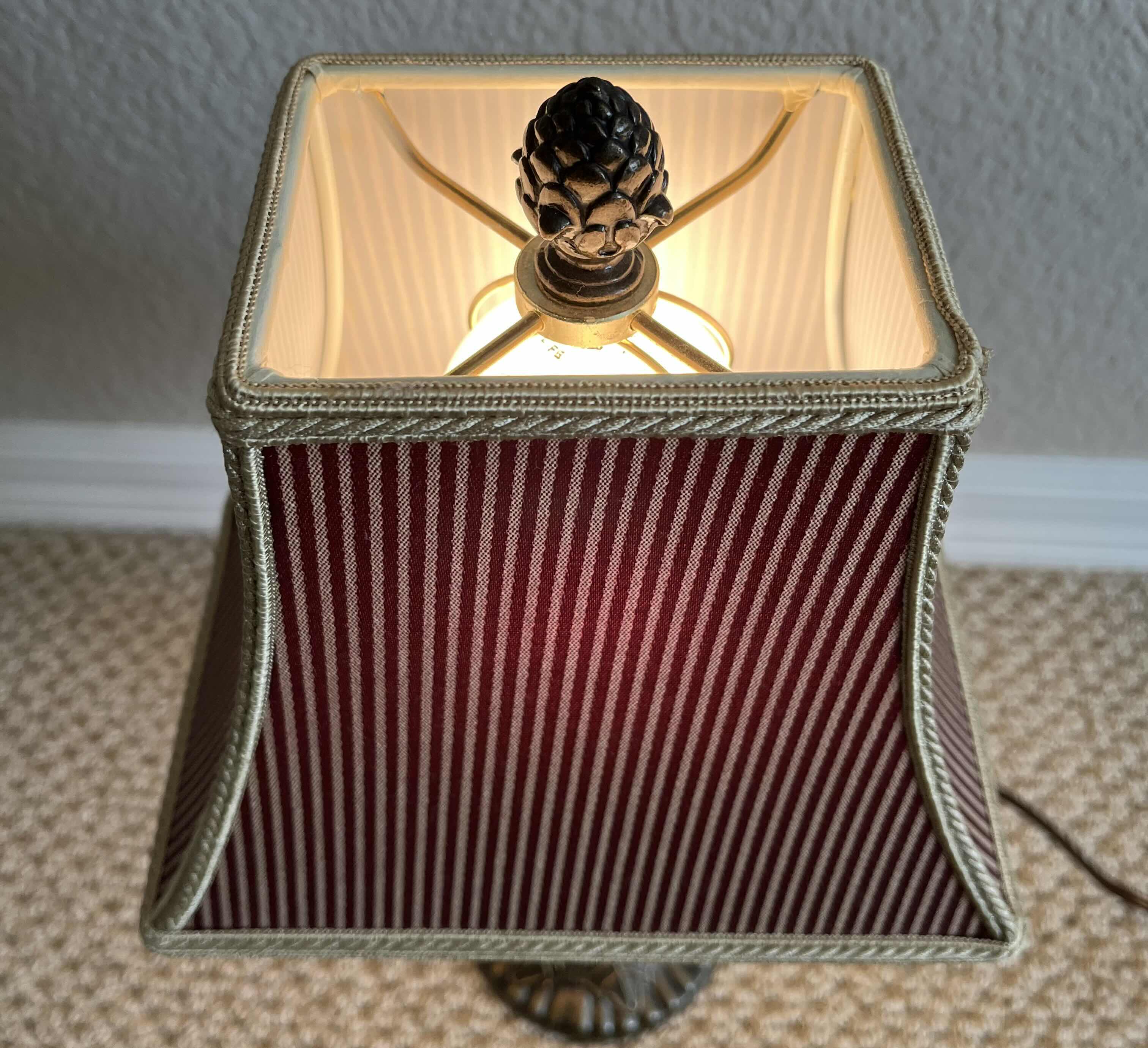 Photo 1 of ANTIQUE ORNATE BRONZE DESIGN BASE W PINSTRIPED SHADE LAMP 8.5” X 16.5”