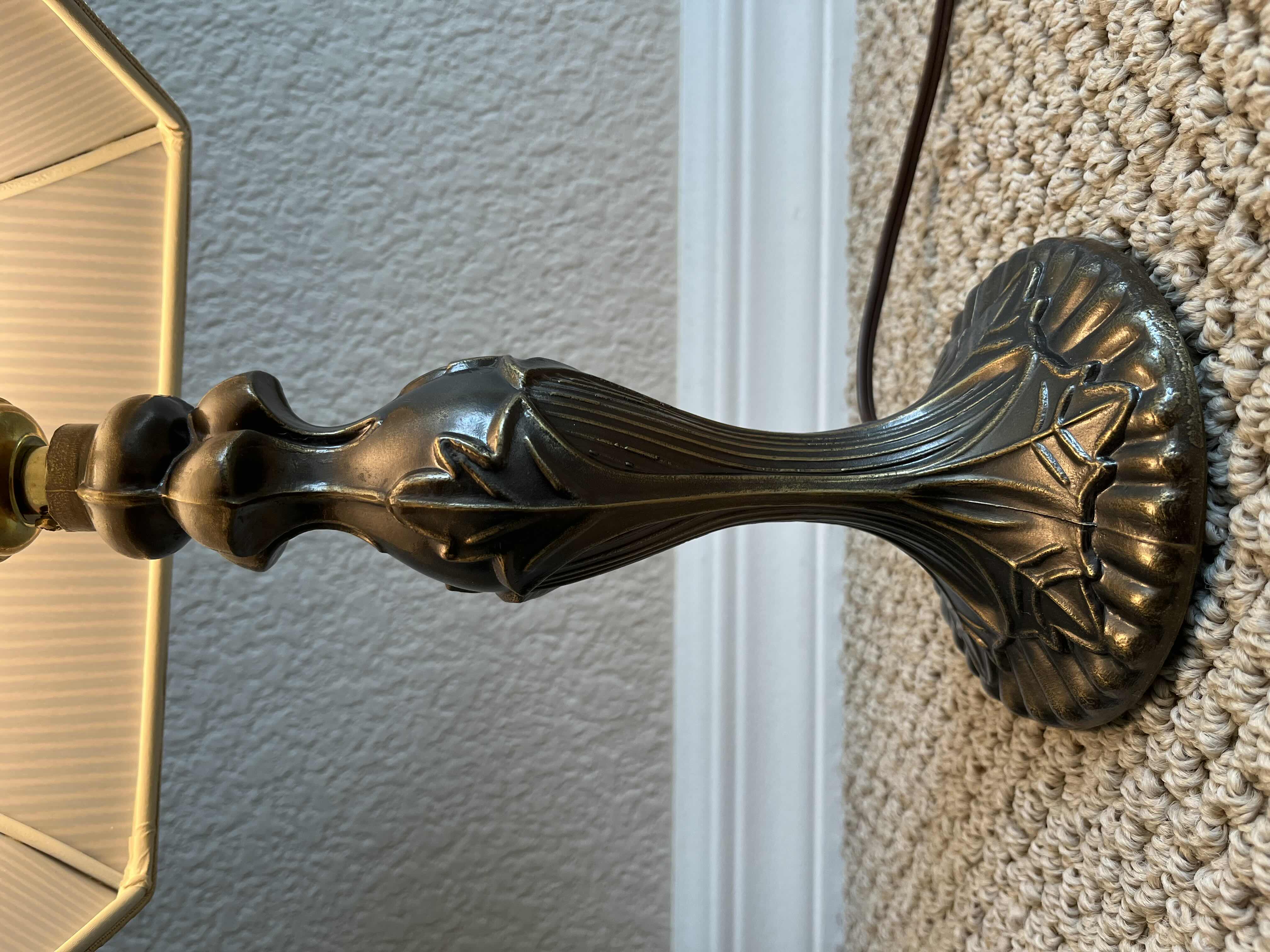 Photo 1 of ANTIQUE ORNATE BRONZE DESIGN BASE W PINSTRIPED SHADE LAMP 8.5” X 16.5”