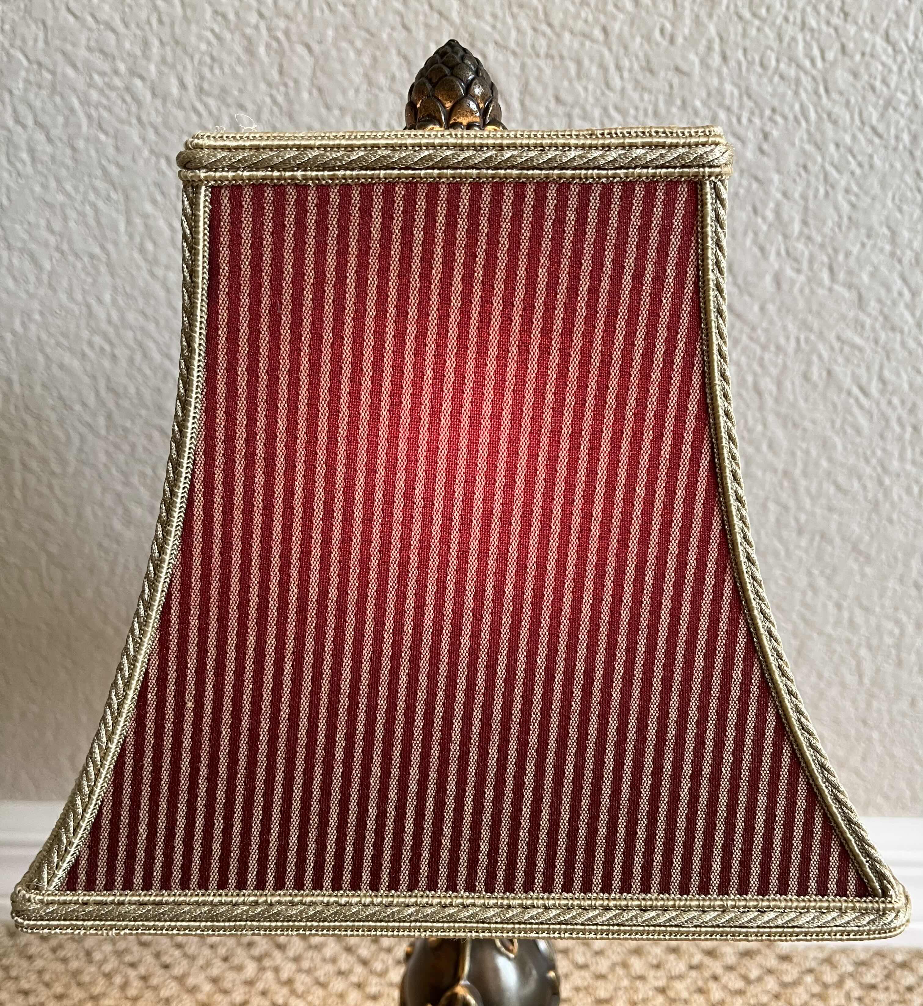 Photo 1 of ANTIQUE ORNATE BRONZE DESIGN BASE W PINSTRIPED SHADE LAMP 8.5” X 16.5”