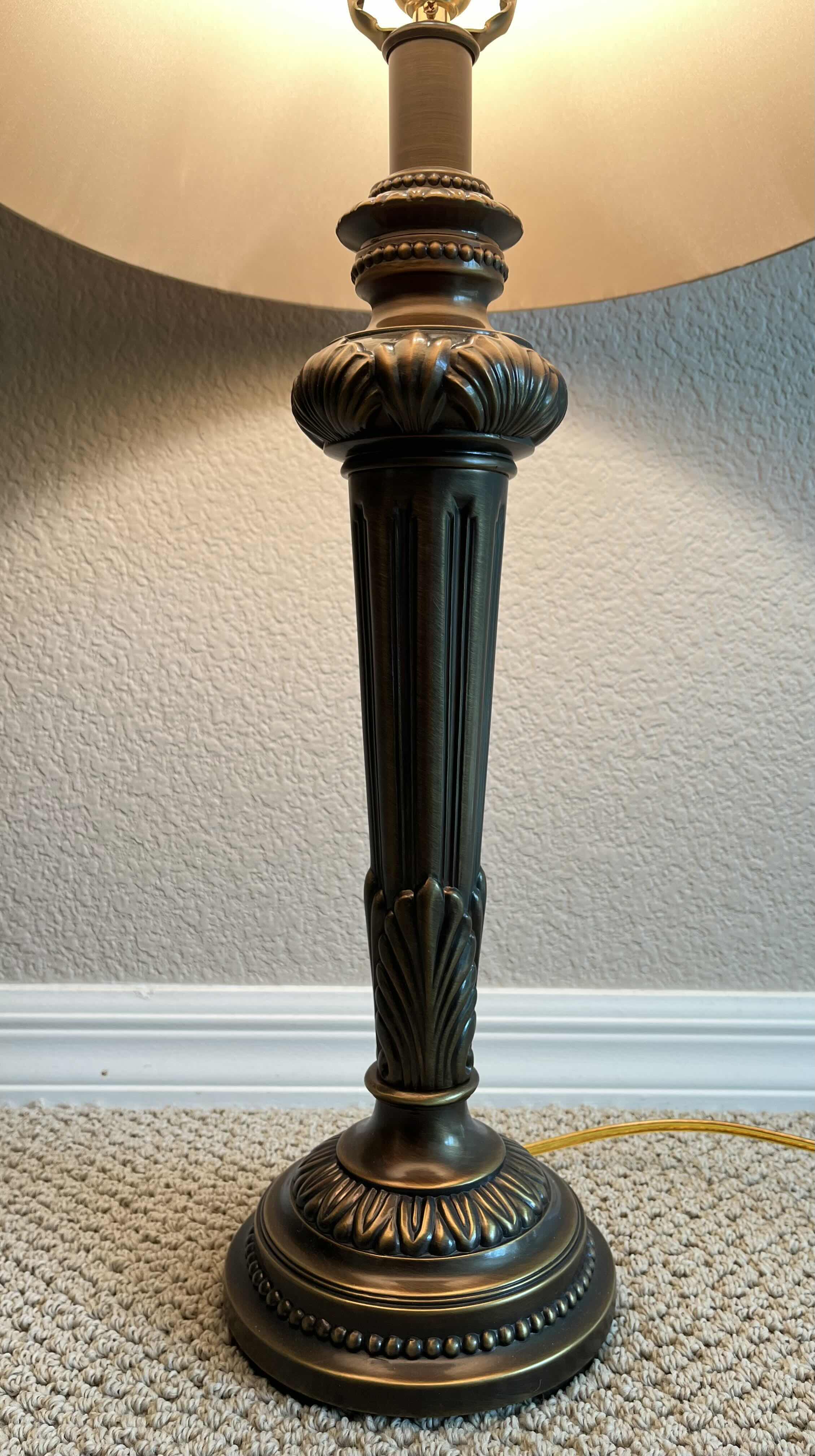 Photo 1 of BRONZE BASE W RUFFLED CREAM SHADE TABLE LAMP 16” X 30”