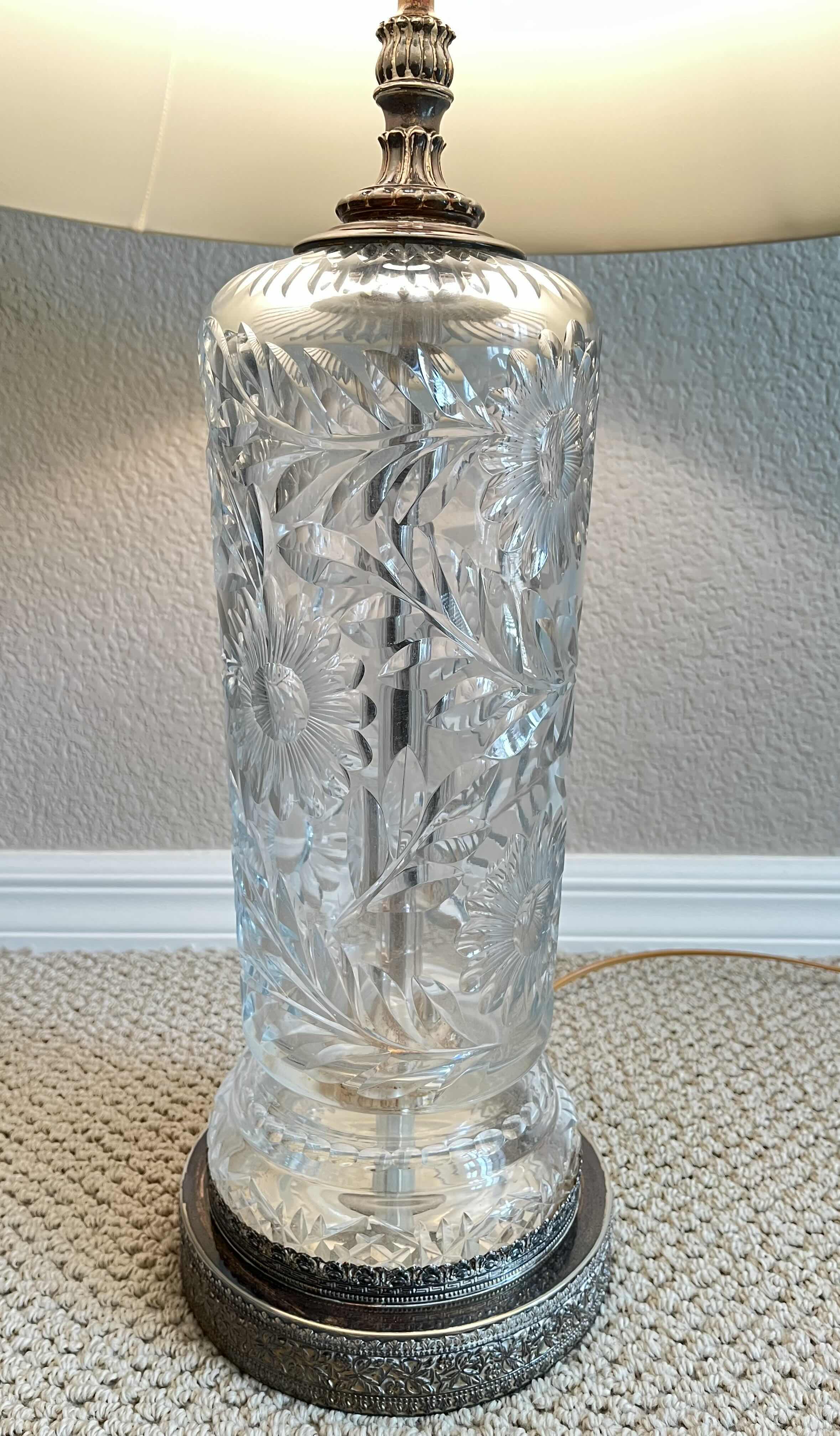 Photo 1 of ANTIQUE CRYSTAL & SILVER BASE W OFF- WHITE SHADE TABLE LAMP 18” X 34”