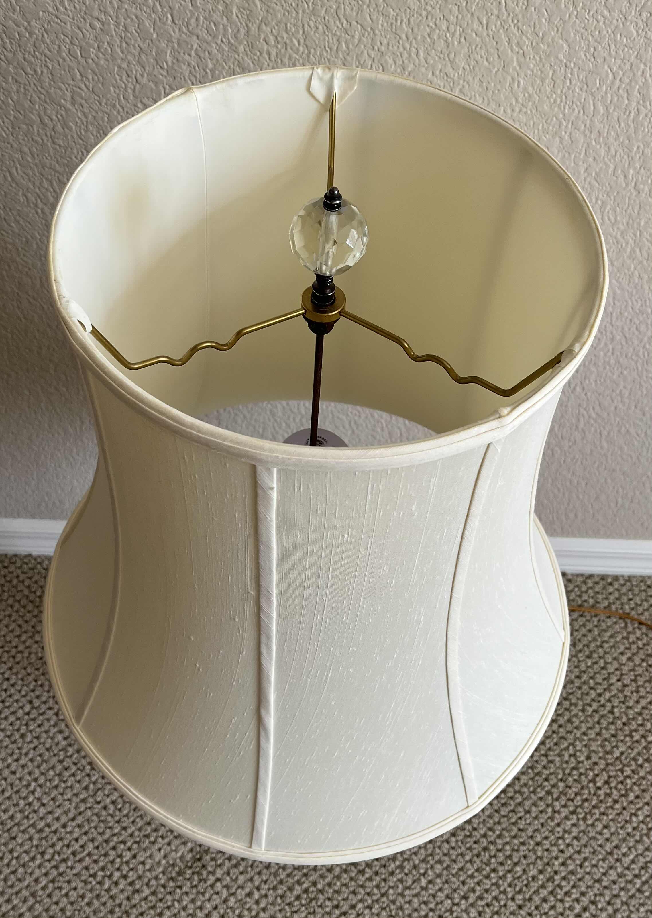 Photo 1 of ANTIQUE CRYSTAL & SILVER BASE W OFF- WHITE SHADE TABLE LAMP 18” X 34”