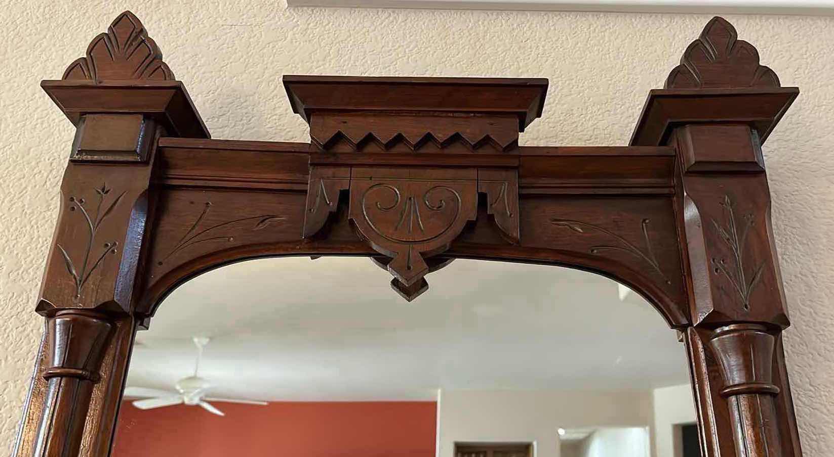 Photo 1 of ANTIQUE HAND CARVED WOOD FRAMED MIRROR 23” X 3.75” H50”