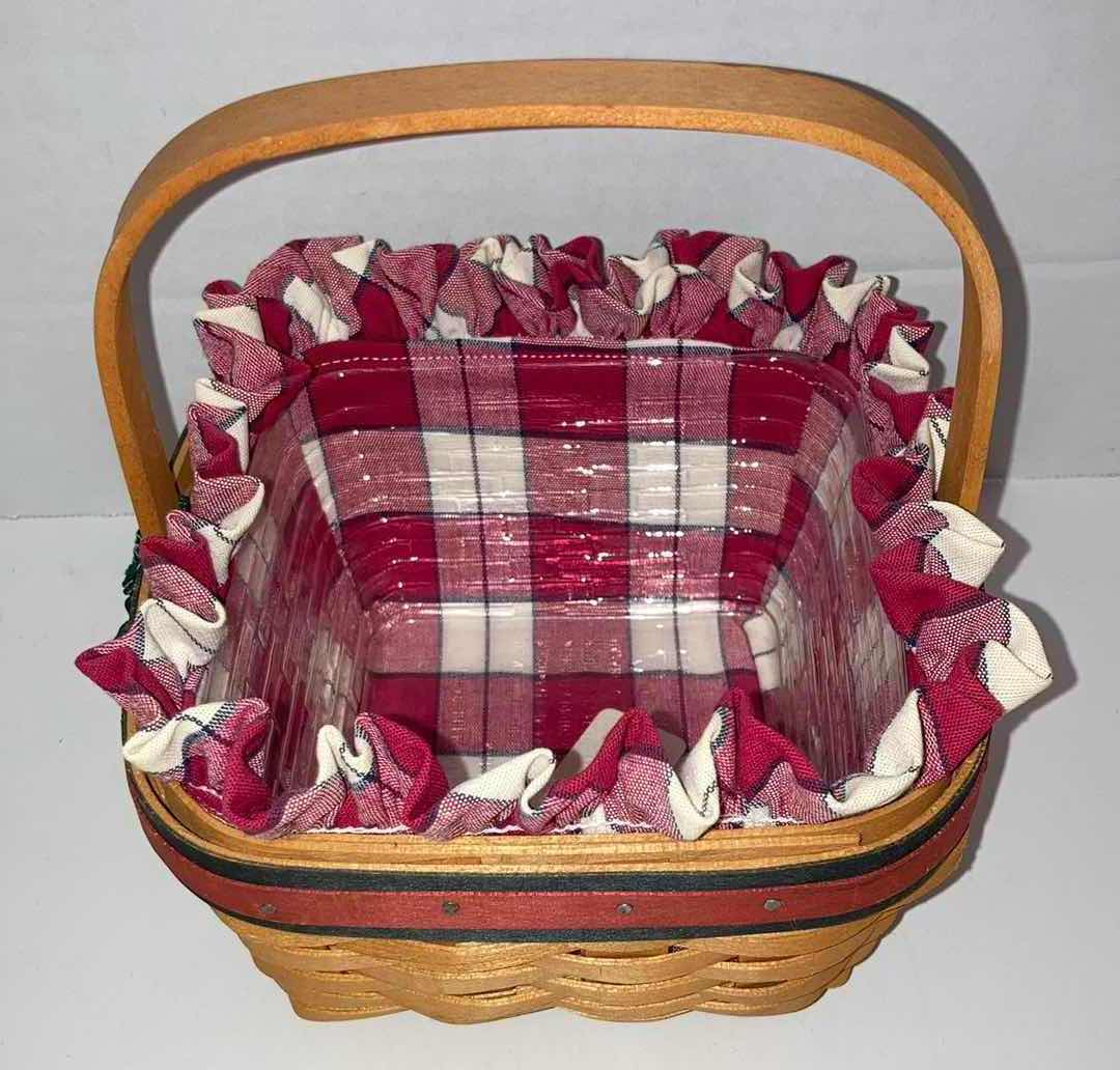 Photo 1 of LONGABERGER 2001 STRAWBERRY MAPLE EOOD BASKET W RED PLAID & BASKET PROTECTOR 6.5” X 6.5” H3.5”