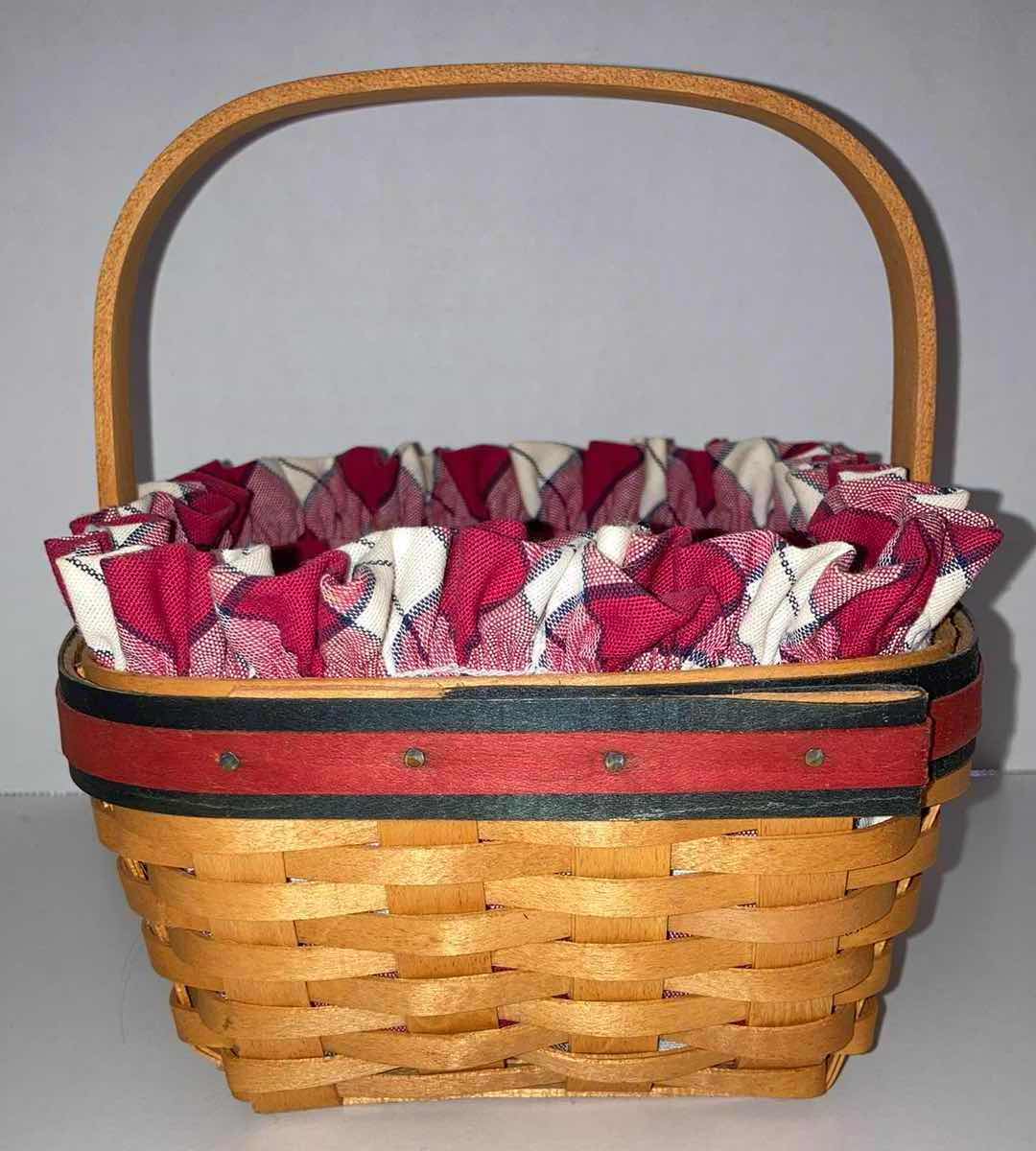 Photo 1 of LONGABERGER 2001 STRAWBERRY MAPLE EOOD BASKET W RED PLAID & BASKET PROTECTOR 6.5” X 6.5” H3.5”