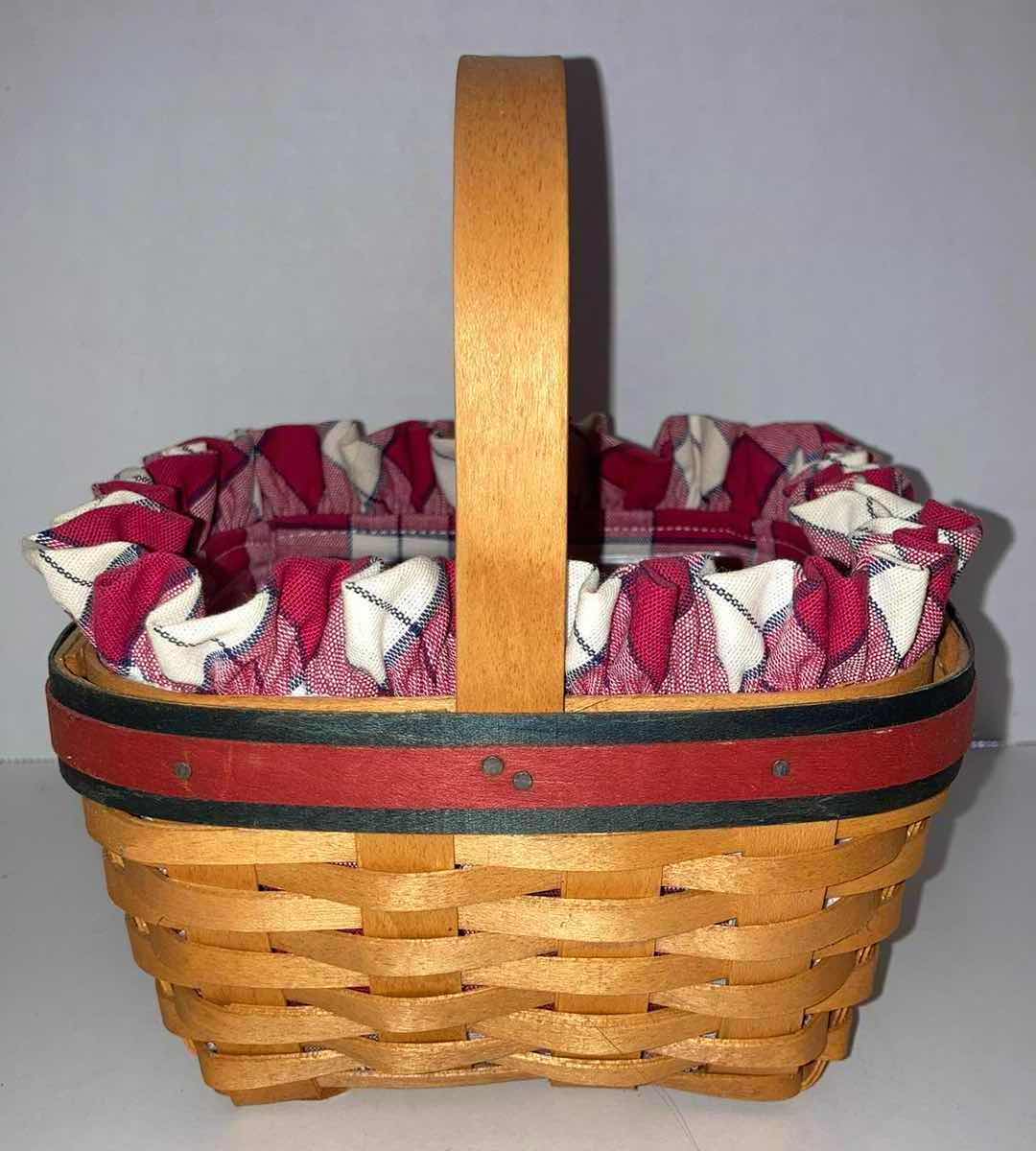 Photo 1 of LONGABERGER 2001 STRAWBERRY MAPLE EOOD BASKET W RED PLAID & BASKET PROTECTOR 6.5” X 6.5” H3.5”