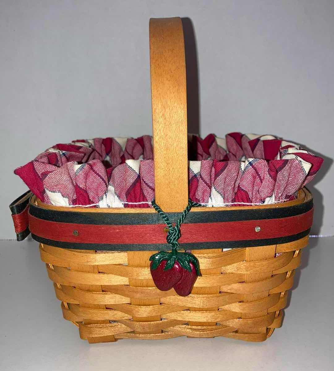 Photo 1 of LONGABERGER 2001 STRAWBERRY MAPLE EOOD BASKET W RED PLAID & BASKET PROTECTOR 6.5” X 6.5” H3.5”
