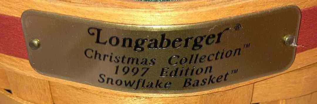 Photo 1 of LONGABERGER CHRISTMAS COLLECTION 1997 SNOWFLAKE & CRANBERRY MAPLE WOOD BASKETS W CHRISTMAS STRIPED FABRIC LINER & BASKET PROTECTOR (9” X 9” H6.5” & 8.25” X 8.25” H7”)