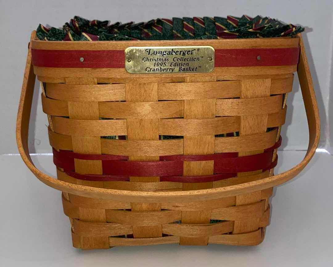 Photo 1 of LONGABERGER CHRISTMAS COLLECTION 1997 SNOWFLAKE & CRANBERRY MAPLE WOOD BASKETS W CHRISTMAS STRIPED FABRIC LINER & BASKET PROTECTOR (9” X 9” H6.5” & 8.25” X 8.25” H7”)