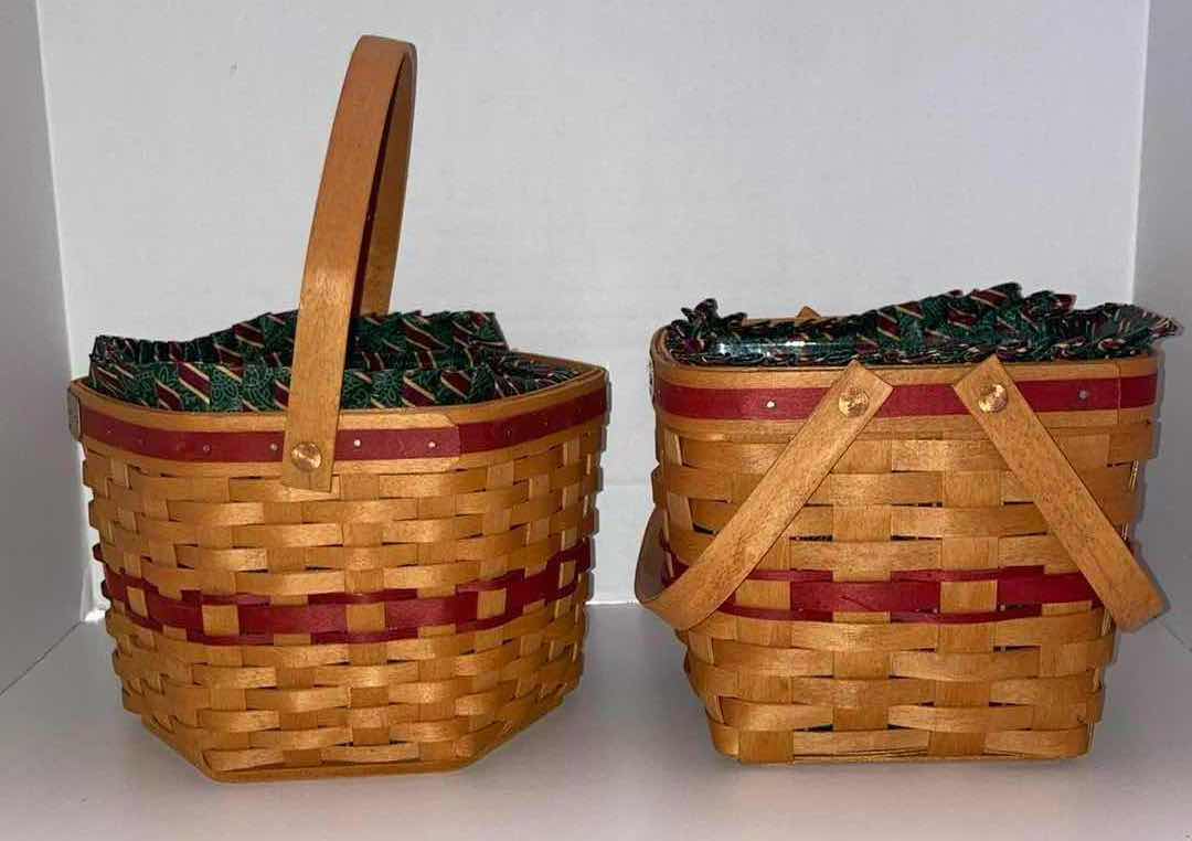 Photo 1 of LONGABERGER CHRISTMAS COLLECTION 1997 SNOWFLAKE & CRANBERRY MAPLE WOOD BASKETS W CHRISTMAS STRIPED FABRIC LINER & BASKET PROTECTOR (9” X 9” H6.5” & 8.25” X 8.25” H7”)