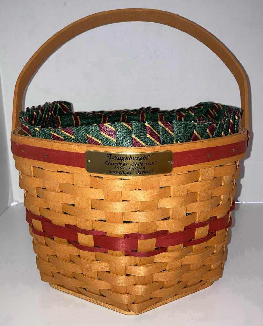 Photo 1 of LONGABERGER CHRISTMAS COLLECTION 1997 SNOWFLAKE & CRANBERRY MAPLE WOOD BASKETS W CHRISTMAS STRIPED FABRIC LINER & BASKET PROTECTOR (9” X 9” H6.5” & 8.25” X 8.25” H7”)