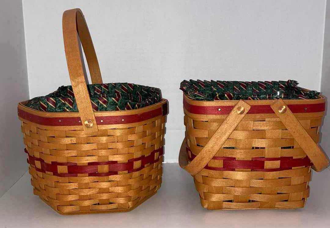 Photo 1 of LONGABERGER CHRISTMAS COLLECTION 1997 SNOWFLAKE & CRANBERRY MAPLE WOOD BASKETS W CHRISTMAS STRIPED FABRIC LINER & BASKET PROTECTOR (9” X 9” H6.5” & 8.25” X 8.25” H7”)