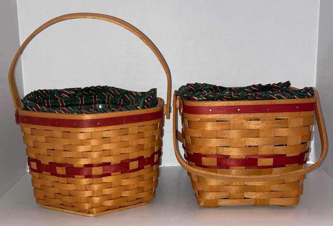 Photo 1 of LONGABERGER CHRISTMAS COLLECTION 1997 SNOWFLAKE & CRANBERRY MAPLE WOOD BASKETS W CHRISTMAS STRIPED FABRIC LINER & BASKET PROTECTOR (9” X 9” H6.5” & 8.25” X 8.25” H7”)