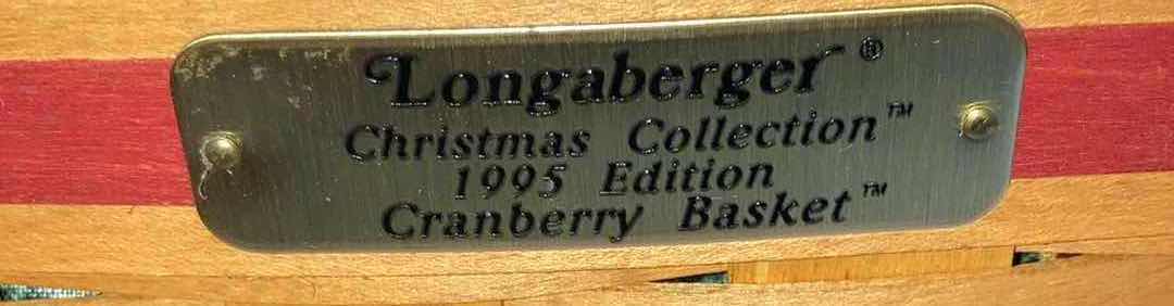 Photo 1 of LONGABERGER CHRISTMAS COLLECTION 1997 SNOWFLAKE & CRANBERRY MAPLE WOOD BASKETS W CHRISTMAS STRIPED FABRIC LINER & BASKET PROTECTOR (9” X 9” H6.5” & 8.25” X 8.25” H7”)