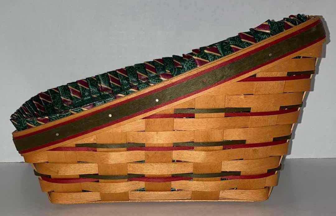 Photo 1 of LONGABERGER 1997 HOLIDAY SLEIGH MAPLE WOOD BASKET W CHRISTMAS STRIPED FABRIC LINER & BASKET PROTECTOR 13” X 7” H8”
