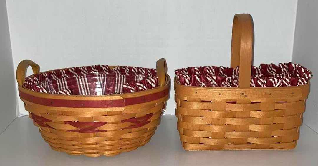 Photo 1 of LONGABERGER 1999 CHRISTMAS COLLECTION POPCORN & 1999 RECTANGLE MAPLE WOOD BASKETS W CANDY CANE FABRIC LINER & BASKET PROTECTOR (10.5” X 10.5” H4.75” & 9.25” X 5” H5”)