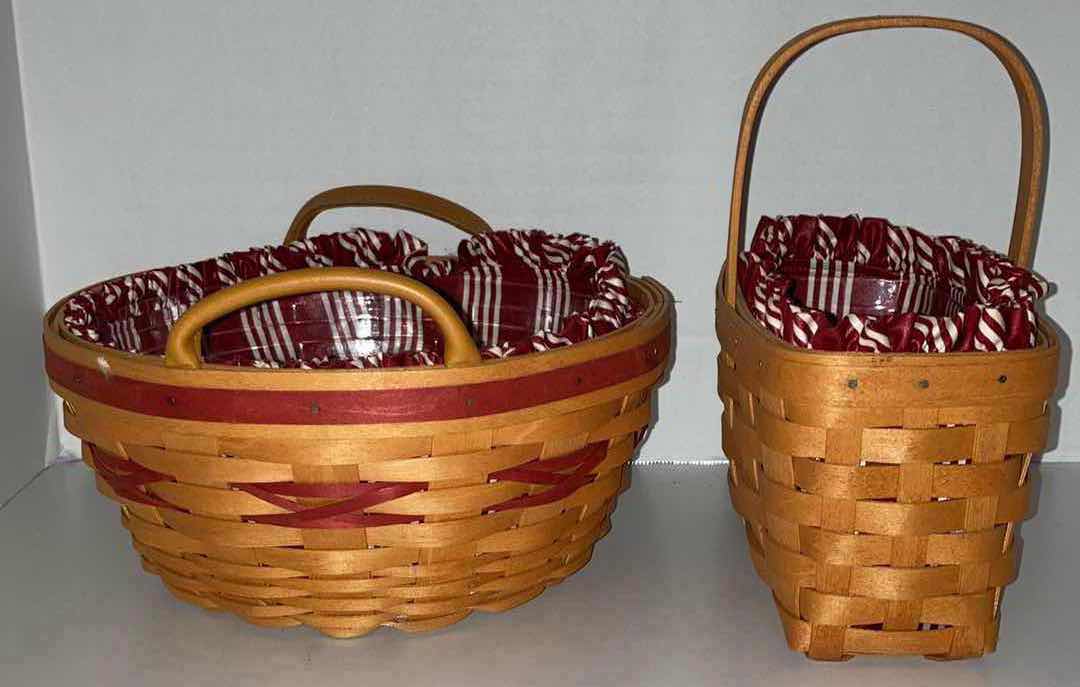 Photo 1 of LONGABERGER 1999 CHRISTMAS COLLECTION POPCORN & 1999 RECTANGLE MAPLE WOOD BASKETS W CANDY CANE FABRIC LINER & BASKET PROTECTOR (10.5” X 10.5” H4.75” & 9.25” X 5” H5”)