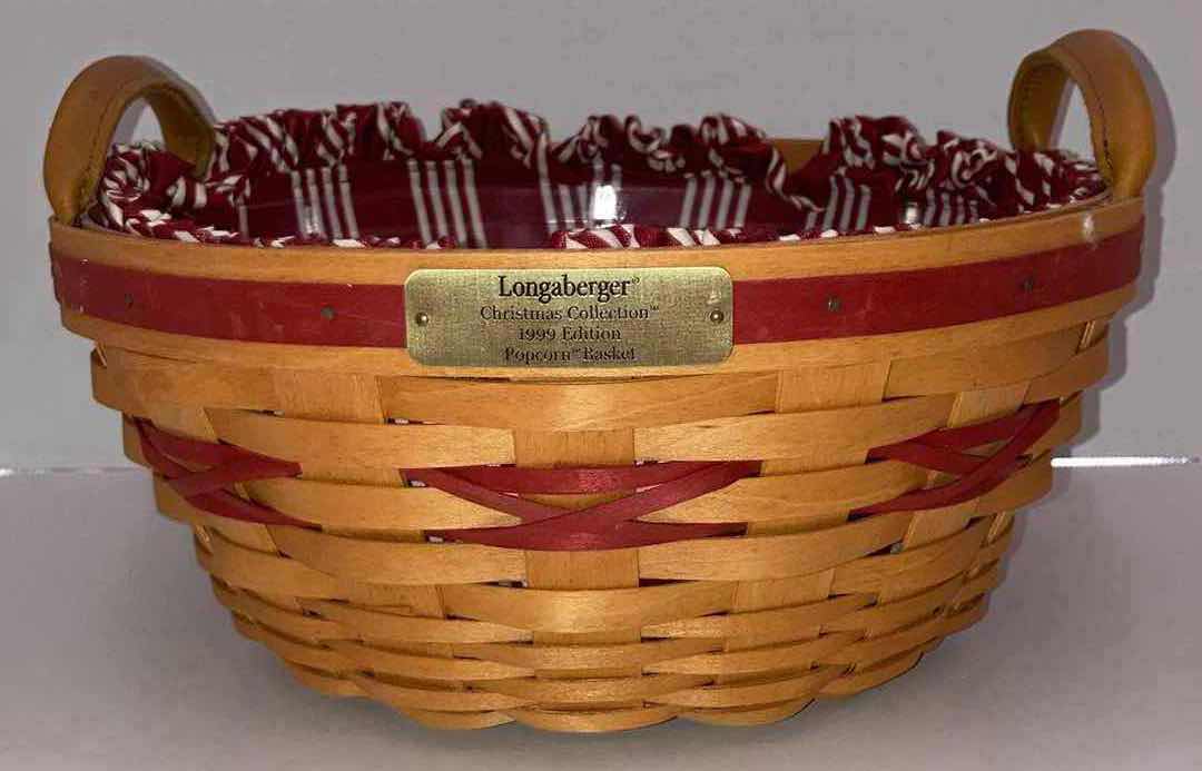 Photo 1 of LONGABERGER 1999 CHRISTMAS COLLECTION POPCORN & 1999 RECTANGLE MAPLE WOOD BASKETS W CANDY CANE FABRIC LINER & BASKET PROTECTOR (10.5” X 10.5” H4.75” & 9.25” X 5” H5”)