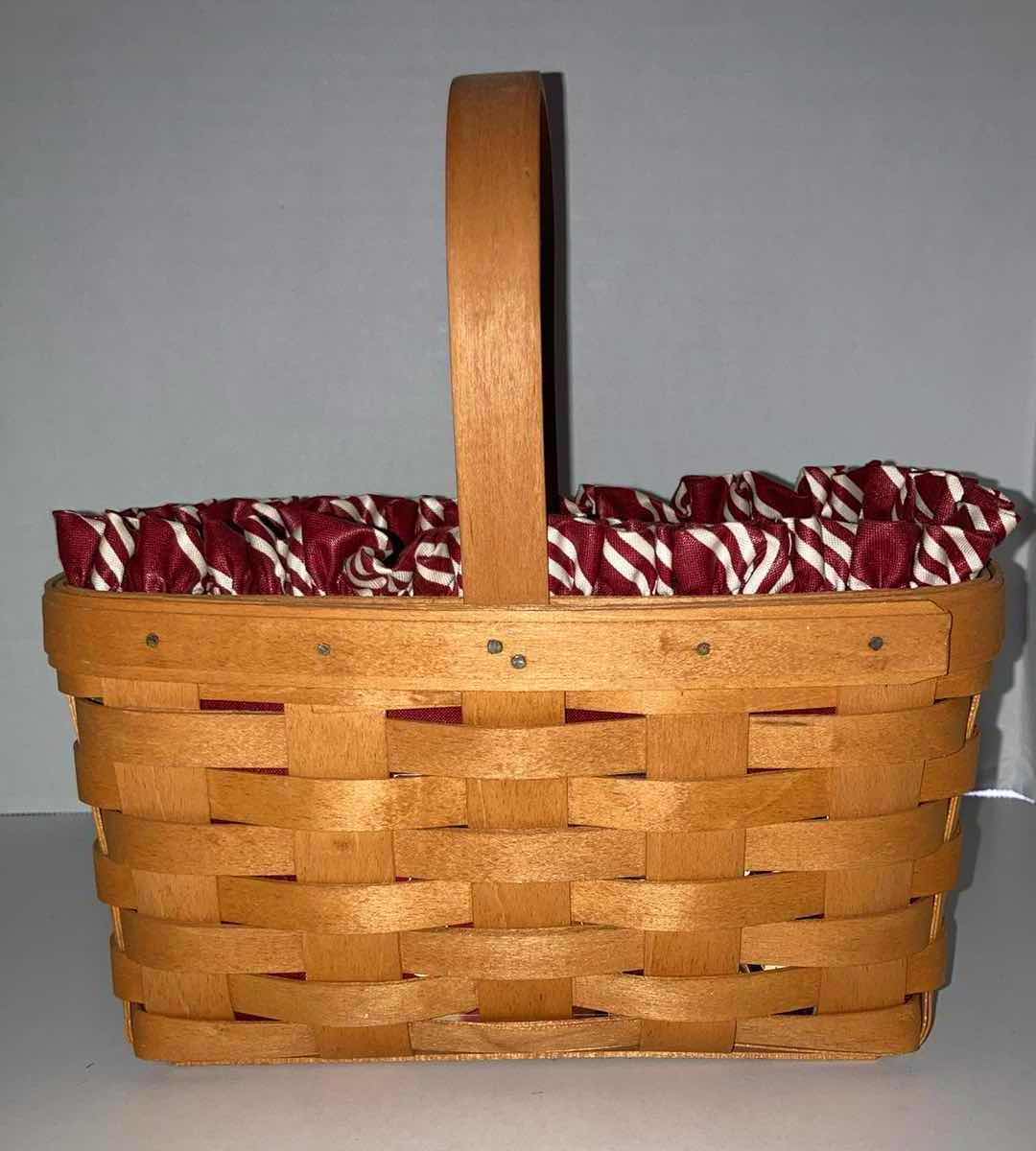 Photo 1 of LONGABERGER 1999 CHRISTMAS COLLECTION POPCORN & 1999 RECTANGLE MAPLE WOOD BASKETS W CANDY CANE FABRIC LINER & BASKET PROTECTOR (10.5” X 10.5” H4.75” & 9.25” X 5” H5”)