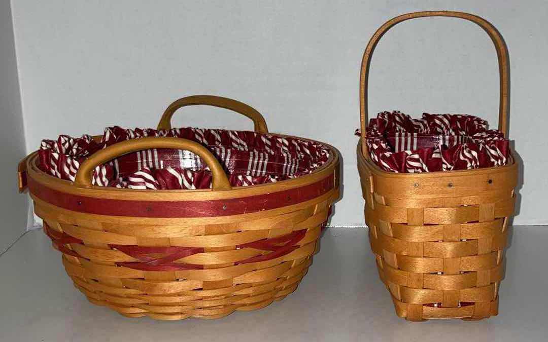 Photo 1 of LONGABERGER 1999 CHRISTMAS COLLECTION POPCORN & 1999 RECTANGLE MAPLE WOOD BASKETS W CANDY CANE FABRIC LINER & BASKET PROTECTOR (10.5” X 10.5” H4.75” & 9.25” X 5” H5”)