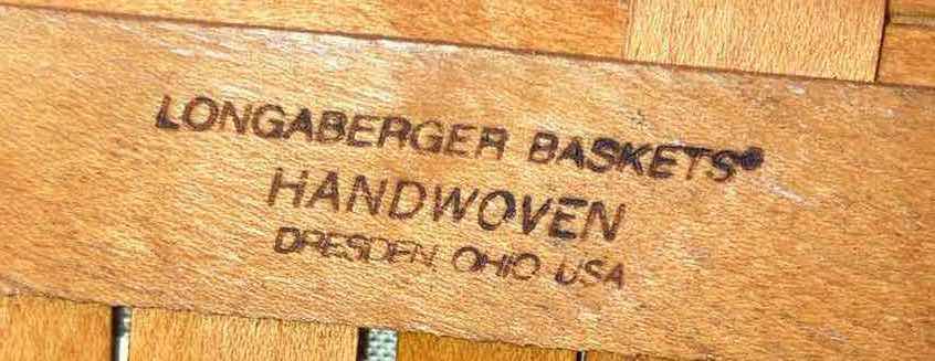 Photo 1 of LONGABERGER 2001 MEDIUM BOARDWALK MAPLE WOOD BASKET W PINK/GREEN STRIPED FABRIC LINER & BASKET PROTECTOR 12.5” X 6.75” H8.25”