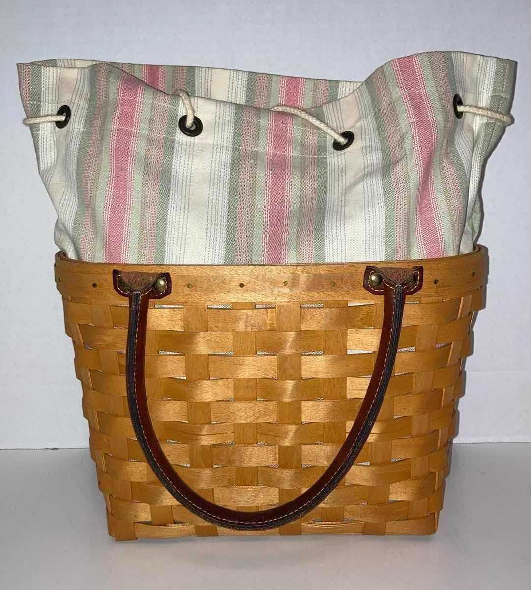 Photo 1 of LONGABERGER 2001 MEDIUM BOARDWALK MAPLE WOOD BASKET W PINK/GREEN STRIPED FABRIC LINER & BASKET PROTECTOR 12.5” X 6.75” H8.25”