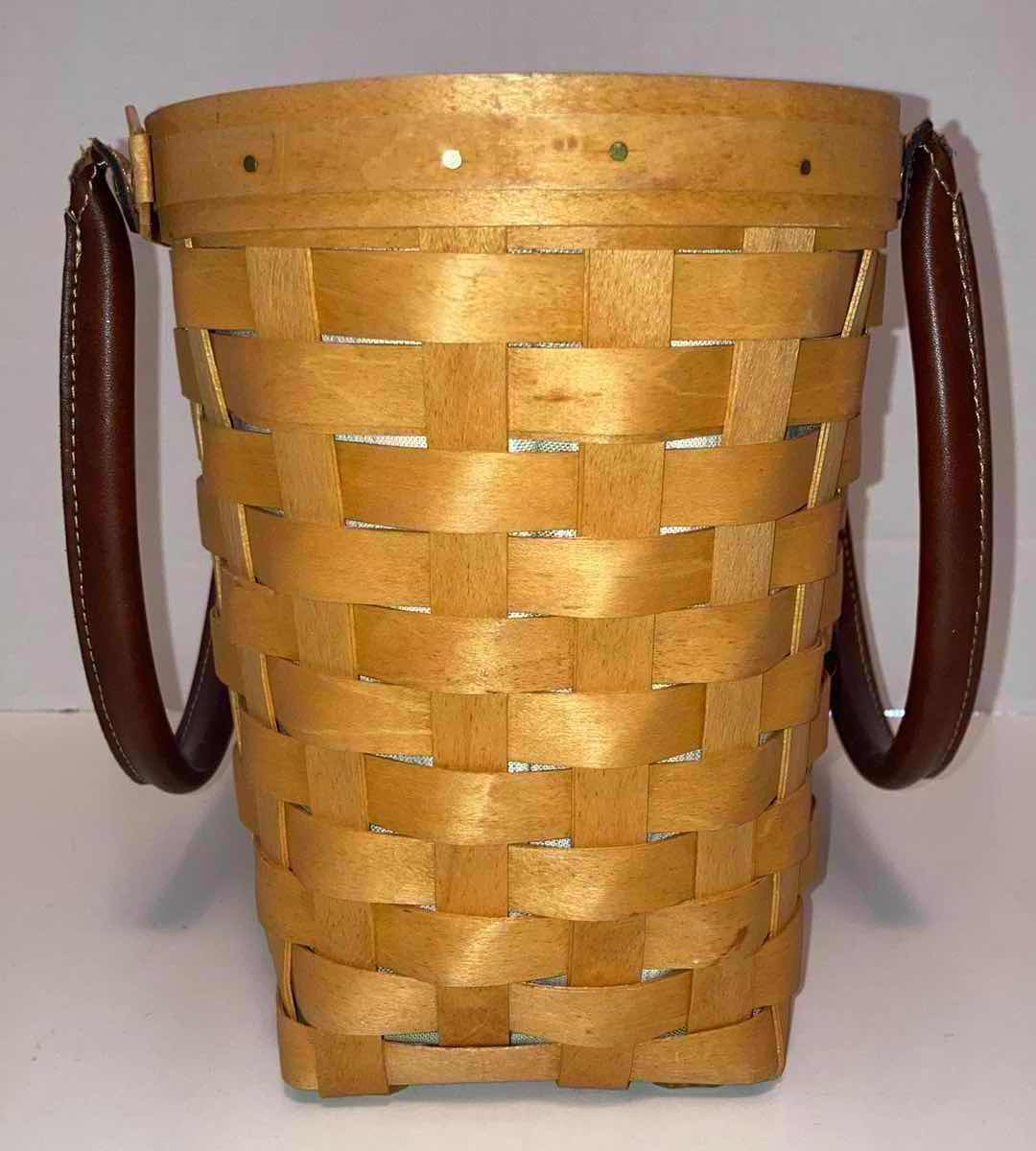 Photo 1 of LONGABERGER 2001 MEDIUM BOARDWALK MAPLE WOOD BASKET W PINK/GREEN STRIPED FABRIC LINER & BASKET PROTECTOR 12.5” X 6.75” H8.25”