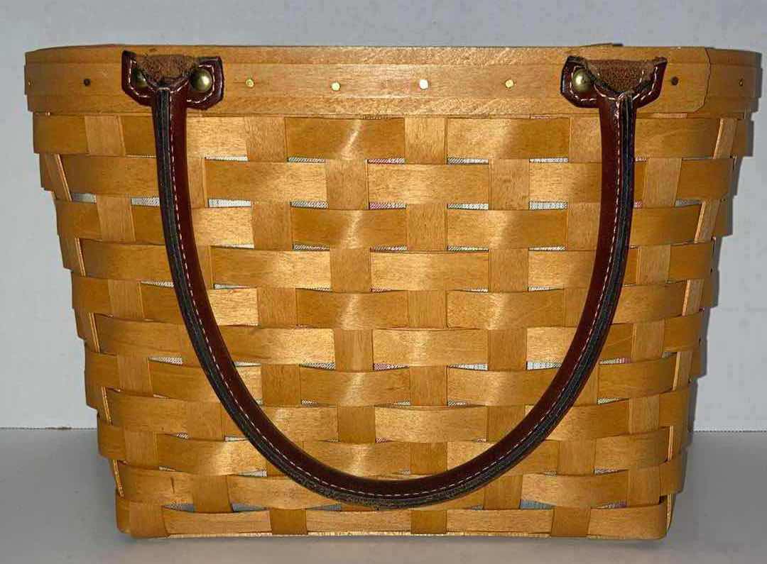 Photo 1 of LONGABERGER 2001 MEDIUM BOARDWALK MAPLE WOOD BASKET W PINK/GREEN STRIPED FABRIC LINER & BASKET PROTECTOR 12.5” X 6.75” H8.25”