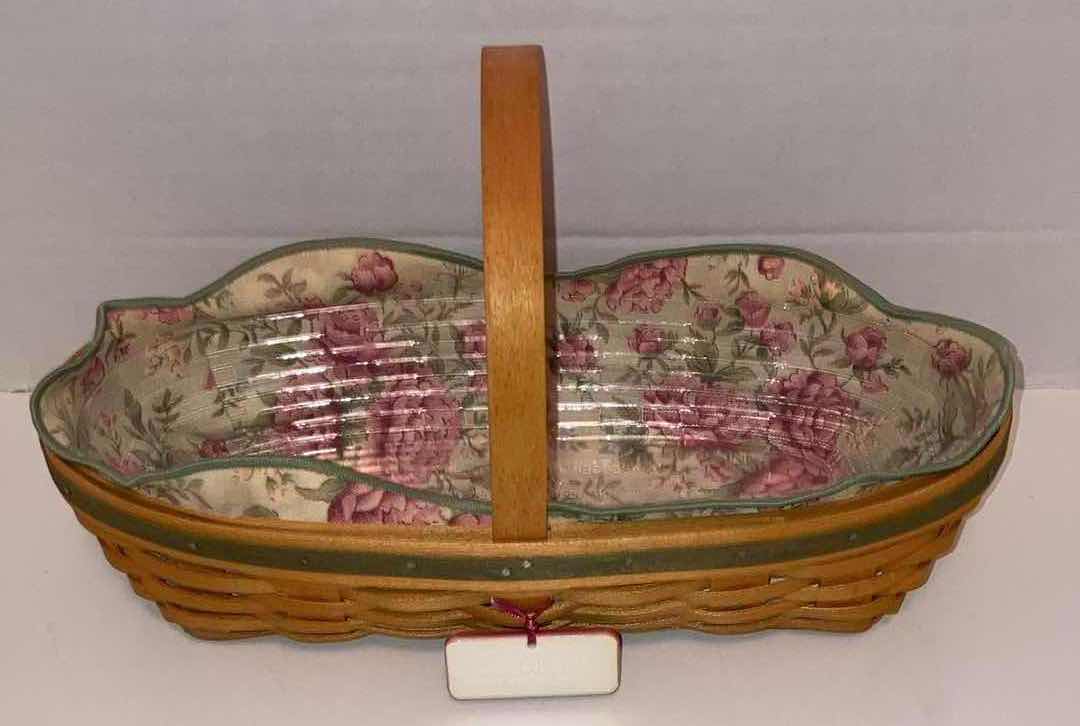 Photo 1 of LONGABERGER 2001 PEONY MAY SERIES MAPLE WOOD BASKET W PEONY FABRIC LINER & BASKET PROTECTOR 12.5” X 6” H2.75”