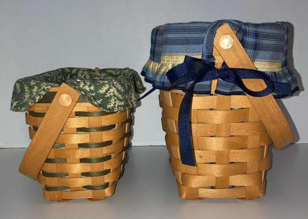 Photo 1 of LONGABERGER DRESDEN 2001 W GREEN FABRIC LINER & 1998 W BLUE PLAID FABRIC LINER MAPLE WOOD BASKETS W BASKET PROTECTOR (7.50” X 4.25” H4.75” & 9” X 5” H6.75”)