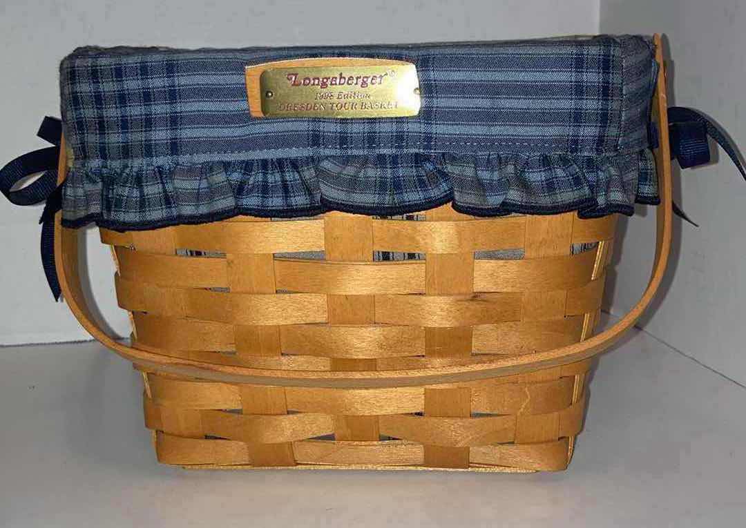 Photo 1 of LONGABERGER DRESDEN 2001 W GREEN FABRIC LINER & 1998 W BLUE PLAID FABRIC LINER MAPLE WOOD BASKETS W BASKET PROTECTOR (7.50” X 4.25” H4.75” & 9” X 5” H6.75”)
