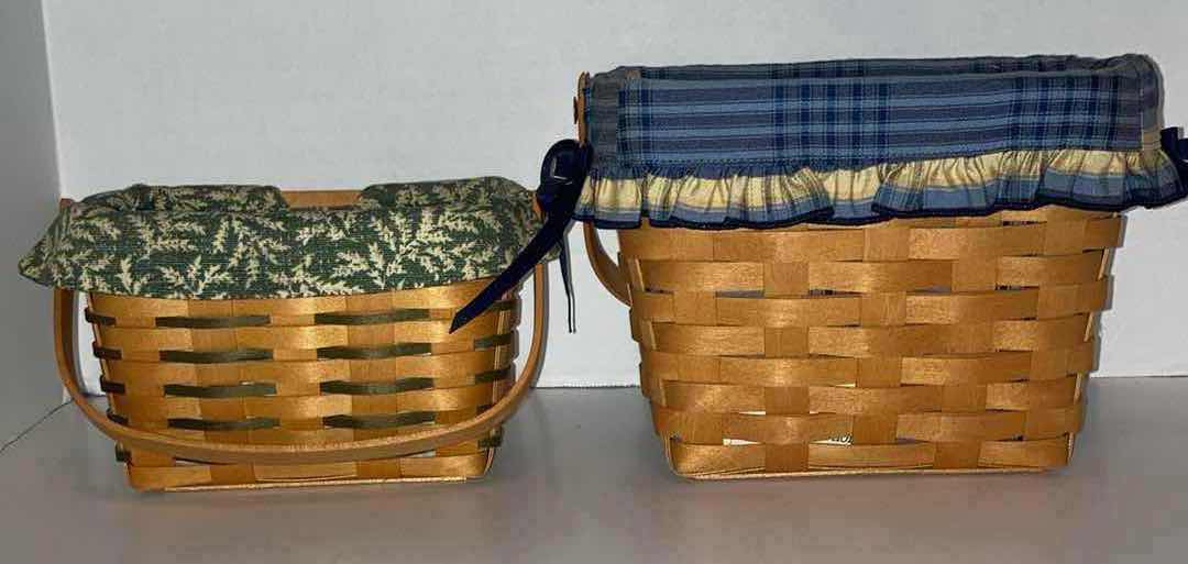 Photo 1 of LONGABERGER DRESDEN 2001 W GREEN FABRIC LINER & 1998 W BLUE PLAID FABRIC LINER MAPLE WOOD BASKETS W BASKET PROTECTOR (7.50” X 4.25” H4.75” & 9” X 5” H6.75”)