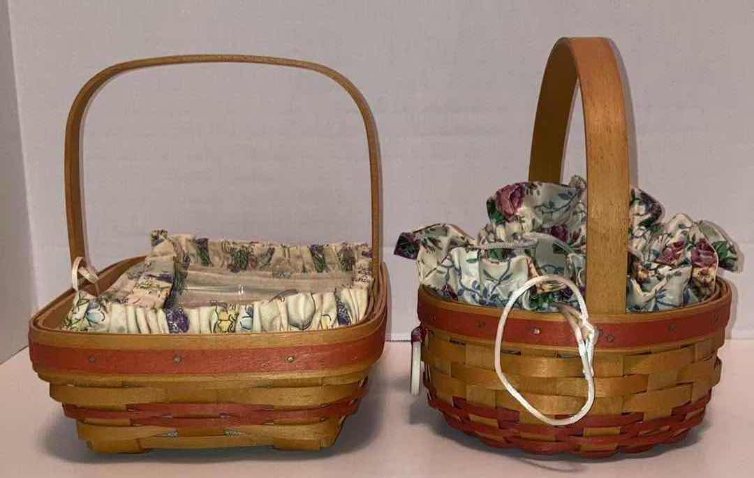 Photo 1 of LONGABERGER MOTHER’S DAY 2000 EARLY BLOSSOMS & 1998 MAPLE WOOD BASKETS W BLOSSOMS FABRIC LINER & BASKET PROTECTOR (10.75” X 7.5” H3” & 6.75” X 6.75” H3.25”)