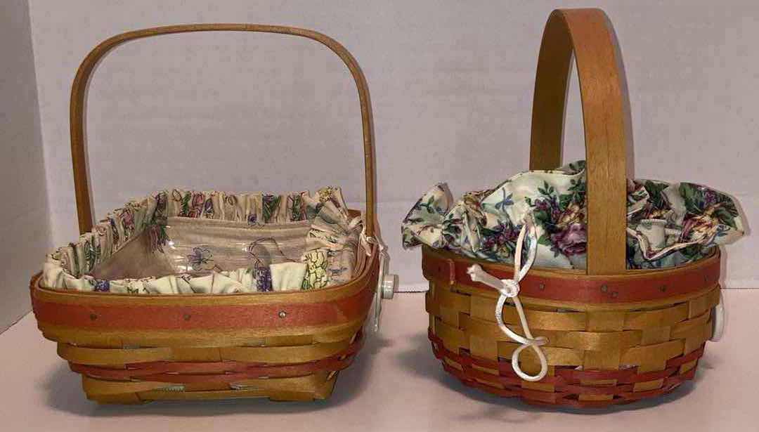 Photo 1 of LONGABERGER MOTHER’S DAY 2000 EARLY BLOSSOMS & 1998 MAPLE WOOD BASKETS W BLOSSOMS FABRIC LINER & BASKET PROTECTOR (10.75” X 7.5” H3” & 6.75” X 6.75” H3.25”)