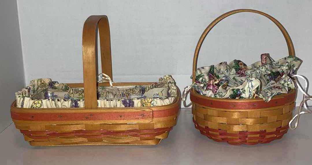 Photo 1 of LONGABERGER MOTHER’S DAY 2000 EARLY BLOSSOMS & 1998 MAPLE WOOD BASKETS W BLOSSOMS FABRIC LINER & BASKET PROTECTOR (10.75” X 7.5” H3” & 6.75” X 6.75” H3.25”)