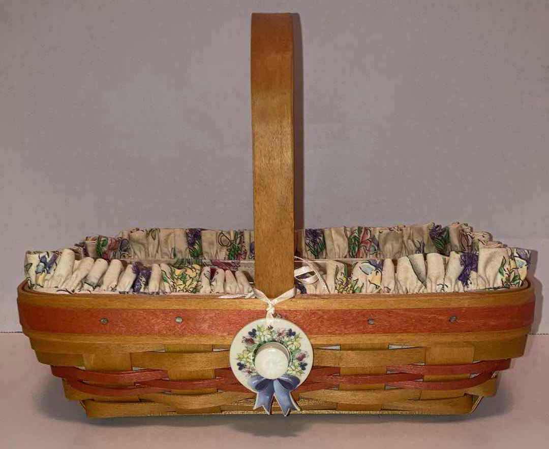 Photo 1 of LONGABERGER MOTHER’S DAY 2000 EARLY BLOSSOMS & 1998 MAPLE WOOD BASKETS W BLOSSOMS FABRIC LINER & BASKET PROTECTOR (10.75” X 7.5” H3” & 6.75” X 6.75” H3.25”)