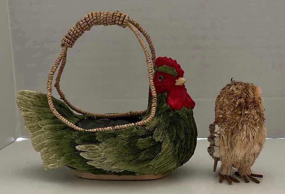 Photo 1 of FOLK ART PAPER MACHE HEN BASKET & BOTTLE BRUSH BRISTLE OWL ORNAMENT (9” X 5.5” H8” & H4.75”)
