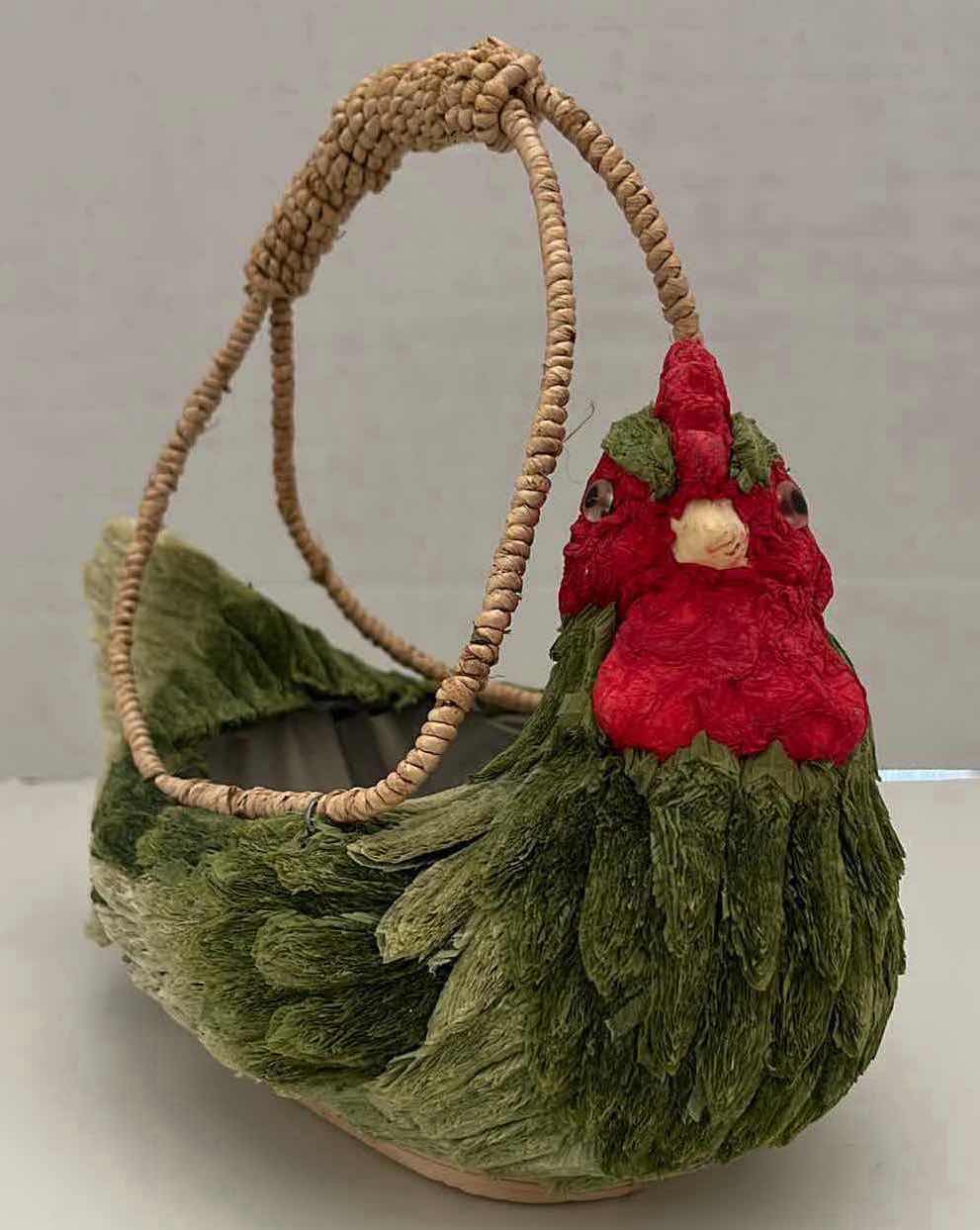 Photo 1 of FOLK ART PAPER MACHE HEN BASKET & BOTTLE BRUSH BRISTLE OWL ORNAMENT (9” X 5.5” H8” & H4.75”)