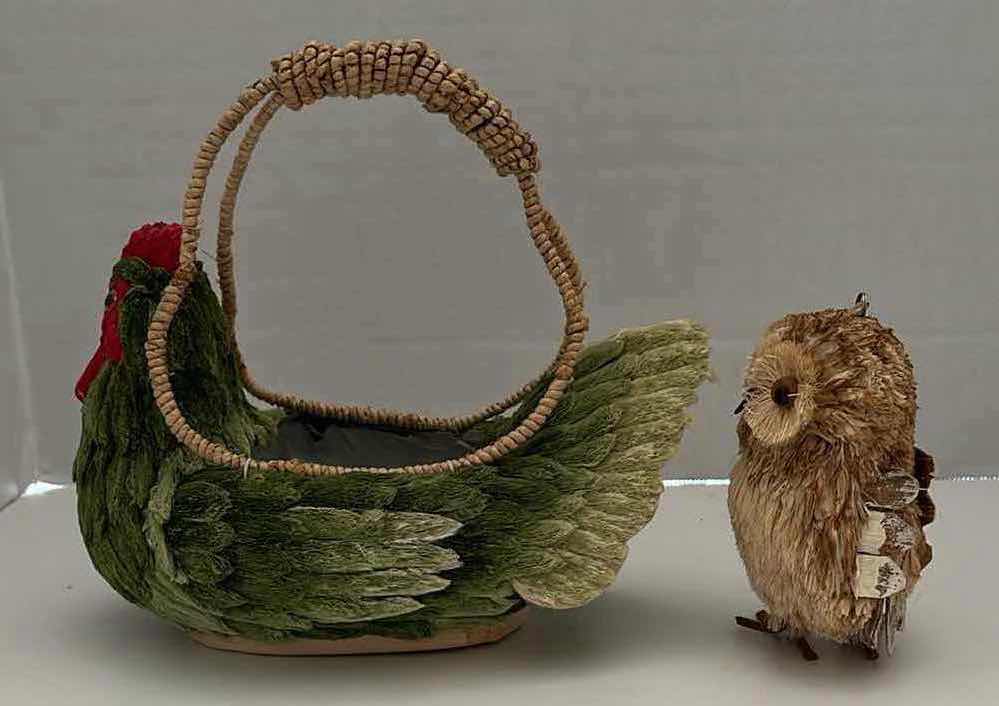 Photo 1 of FOLK ART PAPER MACHE HEN BASKET & BOTTLE BRUSH BRISTLE OWL ORNAMENT (9” X 5.5” H8” & H4.75”)