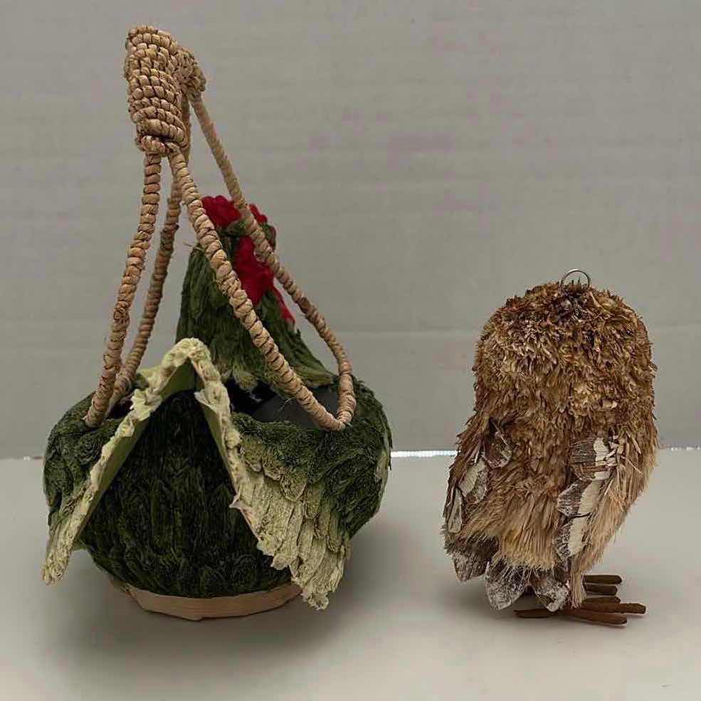 Photo 1 of FOLK ART PAPER MACHE HEN BASKET & BOTTLE BRUSH BRISTLE OWL ORNAMENT (9” X 5.5” H8” & H4.75”)