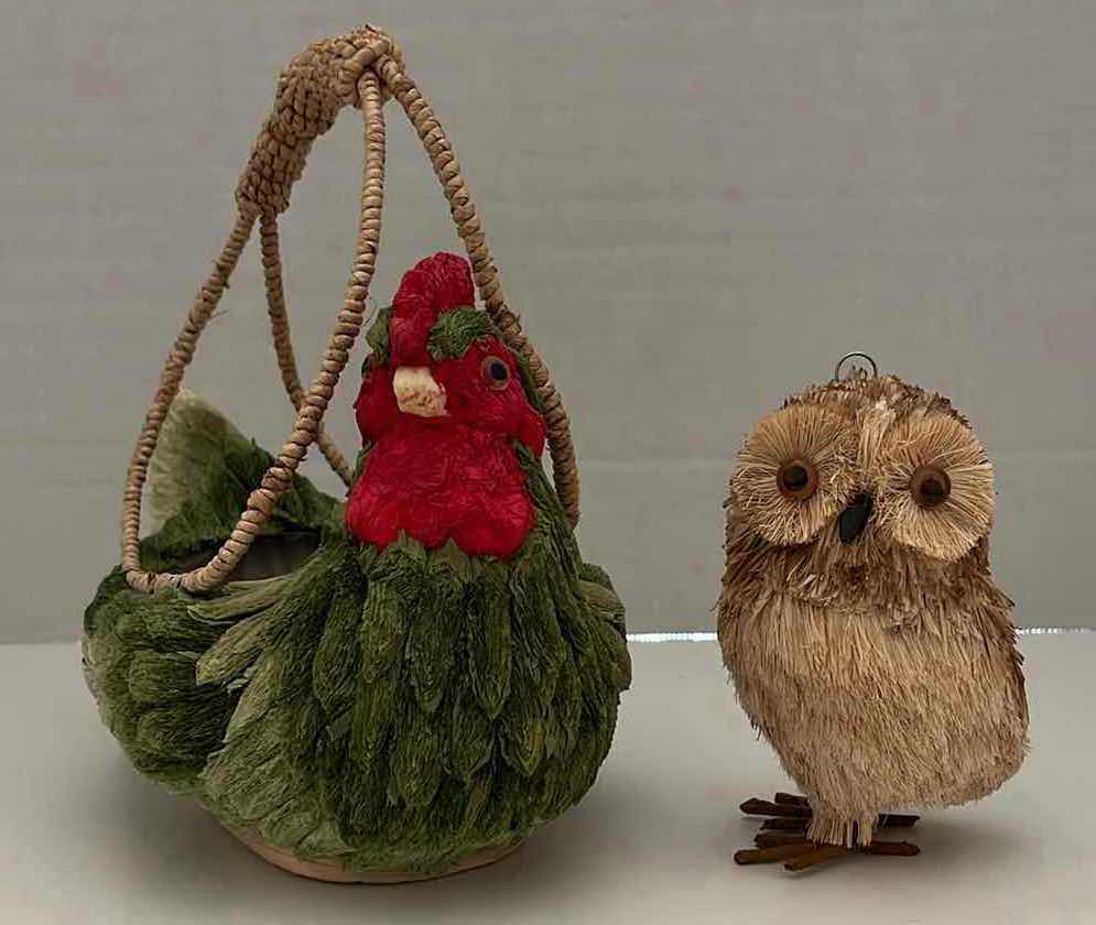 Photo 1 of FOLK ART PAPER MACHE HEN BASKET & BOTTLE BRUSH BRISTLE OWL ORNAMENT (9” X 5.5” H8” & H4.75”)