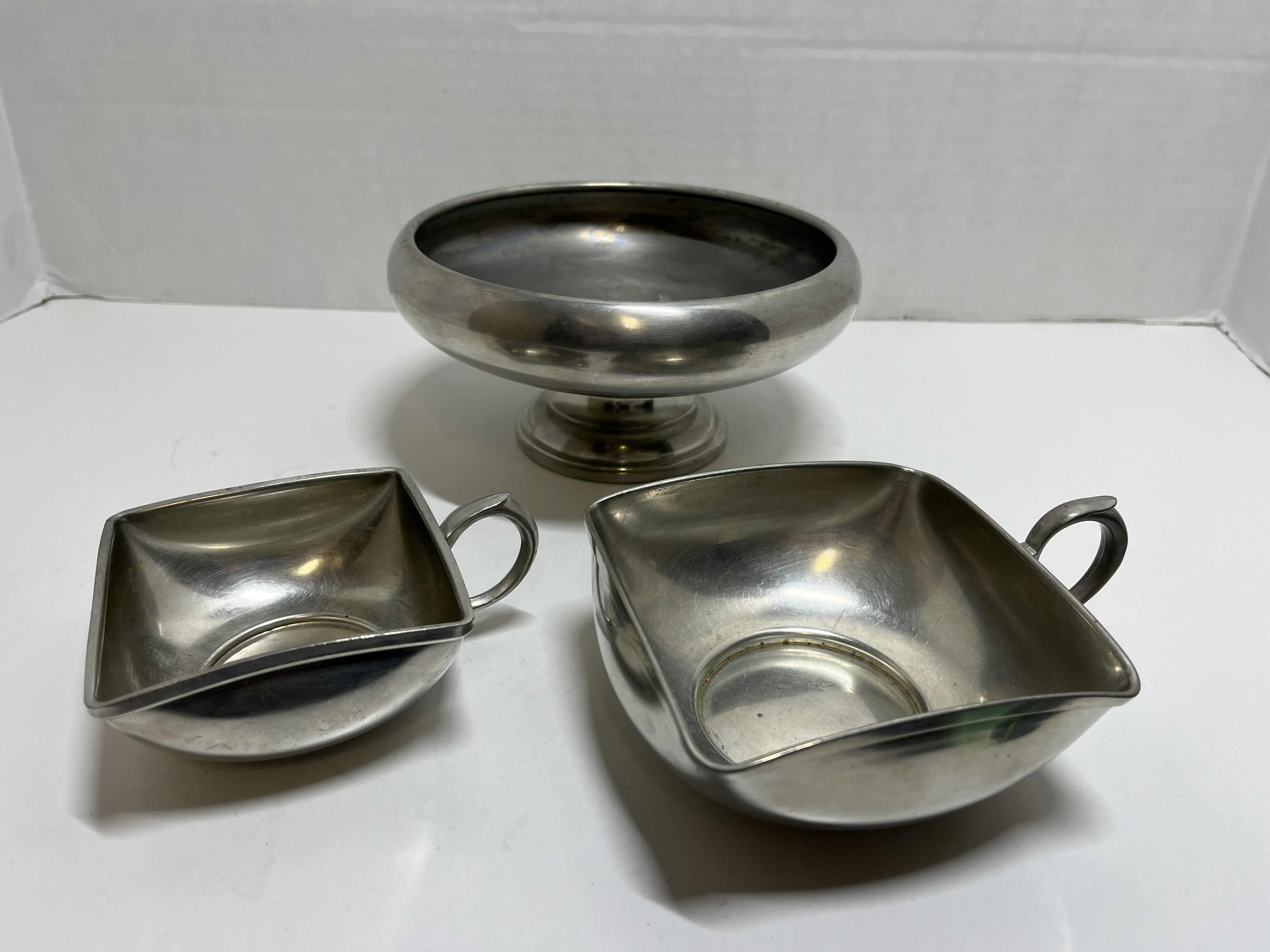 Photo 1 of HOLLAND PEWTER TEA CUPS (2) W PEWTER CANDY DISH 7” X 3.25”