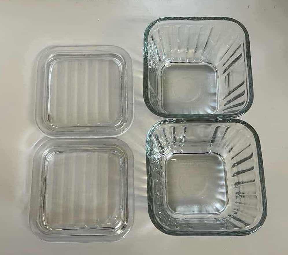 Photo 1 of ANCHOR HOCKING 1932 SQUARE REFRIGERATOR FOOD STORAGE DISH W LID (2) 4.5” X 4.5” H3.5”