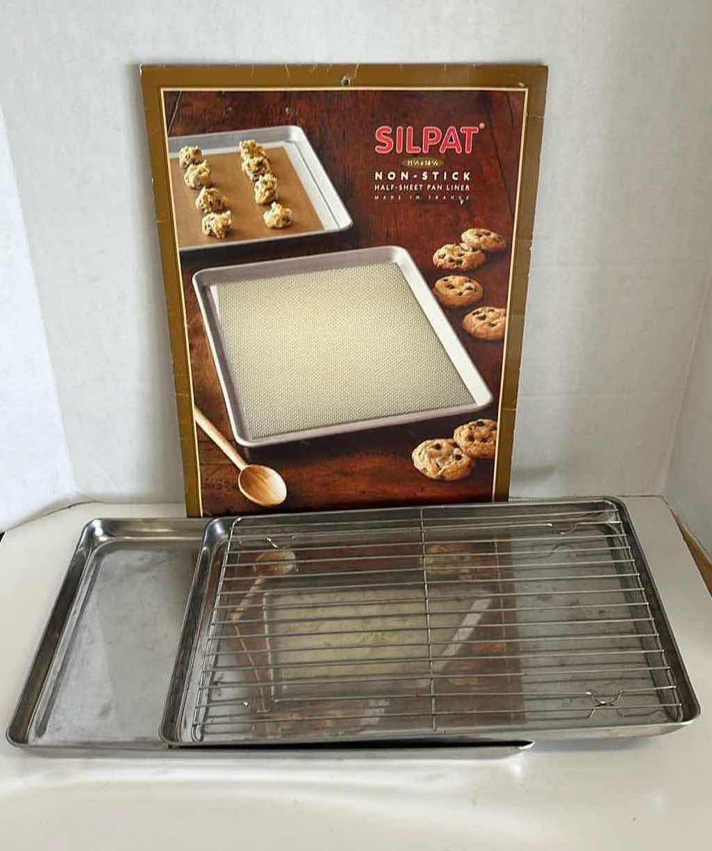 Photo 1 of BAKING SHEET PANS 16” X 11” H1” (2) W RESTING RACK & SILPAT NON-STICK PAN LINER