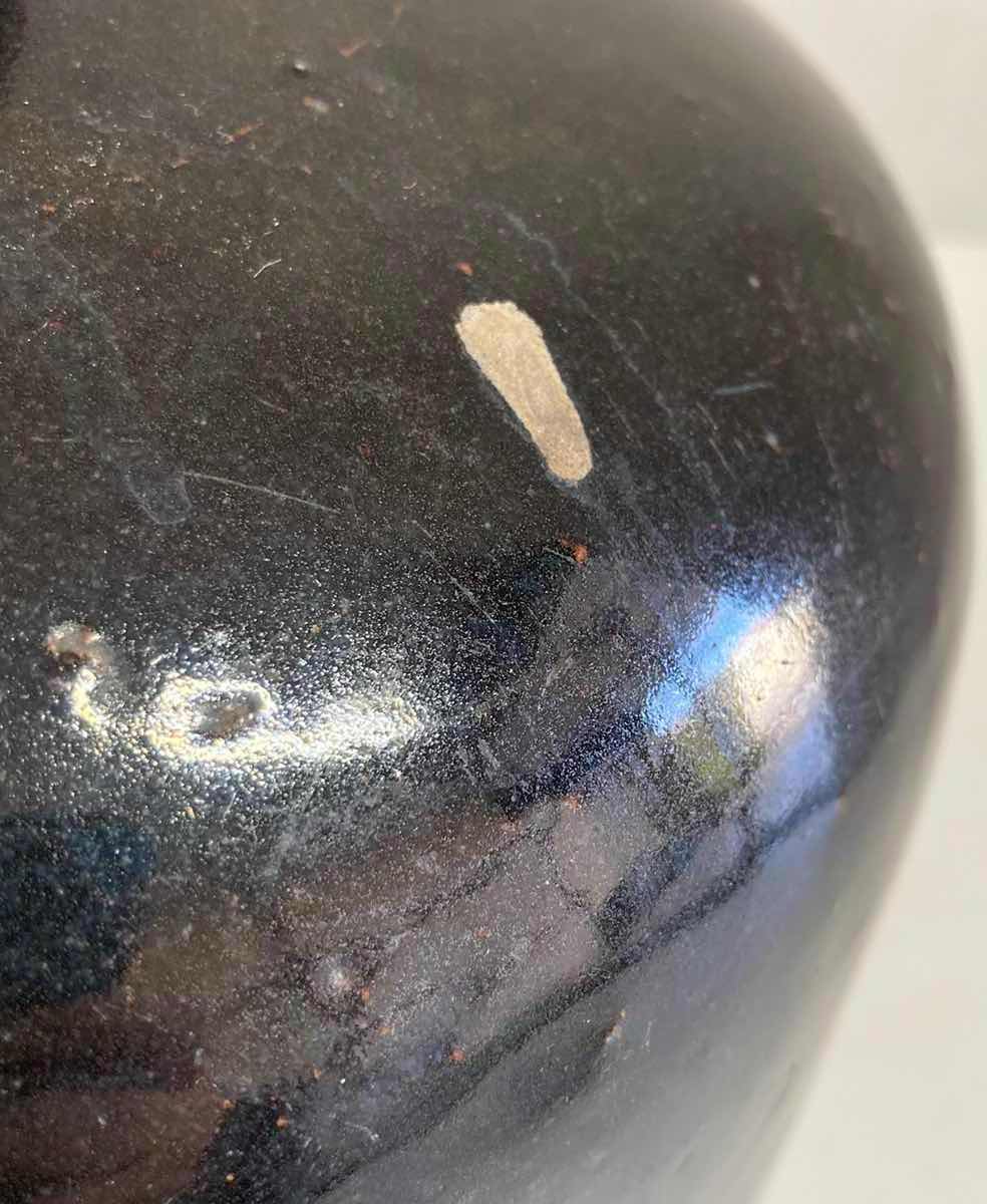 Photo 1 of ANTIQUE DARK BROWN STONEWARE WHISKEY JUG 8” X H9.5”