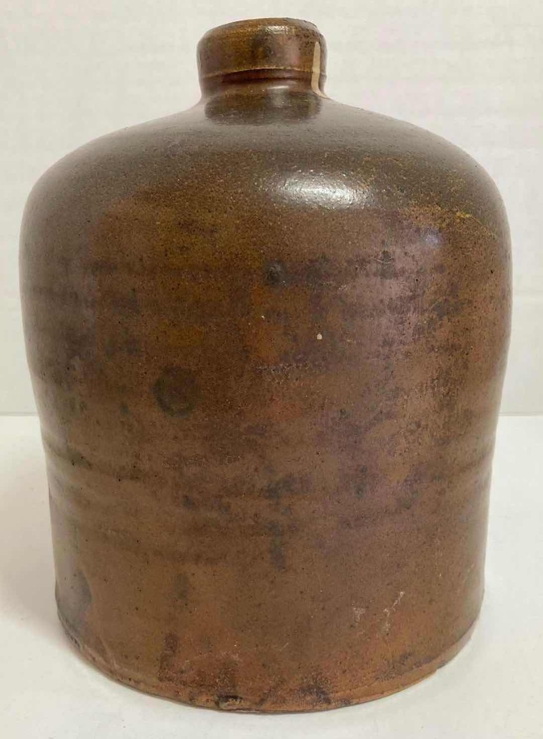 Photo 1 of ANTIQUE BROWN STONEWARE WHISKEY JUG 6” X H7.5”