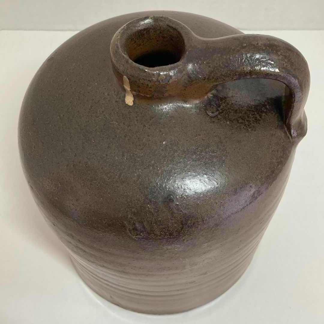 Photo 1 of ANTIQUE BROWN STONEWARE WHISKEY JUG 6” X H7.5”